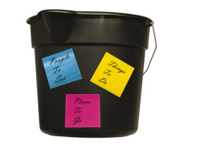 Bucket with notes featuring things to do in the future with clipping path at original size