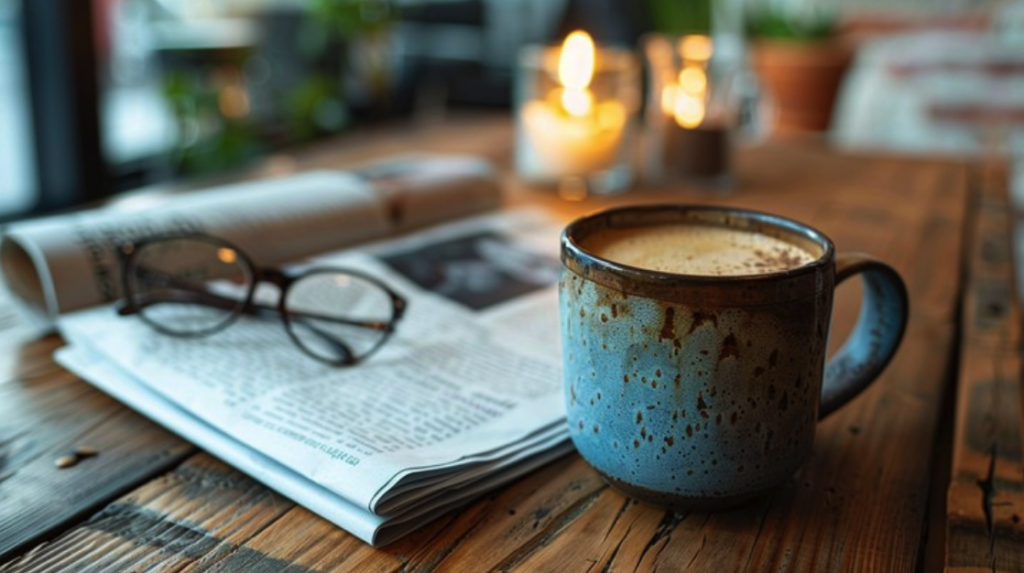 photo of full mug of coffee beside a newspaper an reading glasses